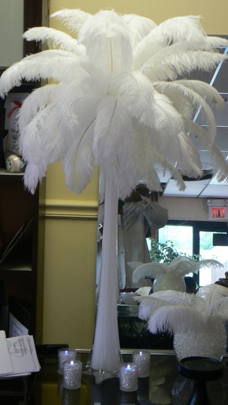 White ostrich feather centerpieces